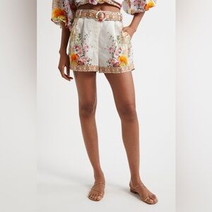 Egyptian Rose Print Belted Linen Shorts
